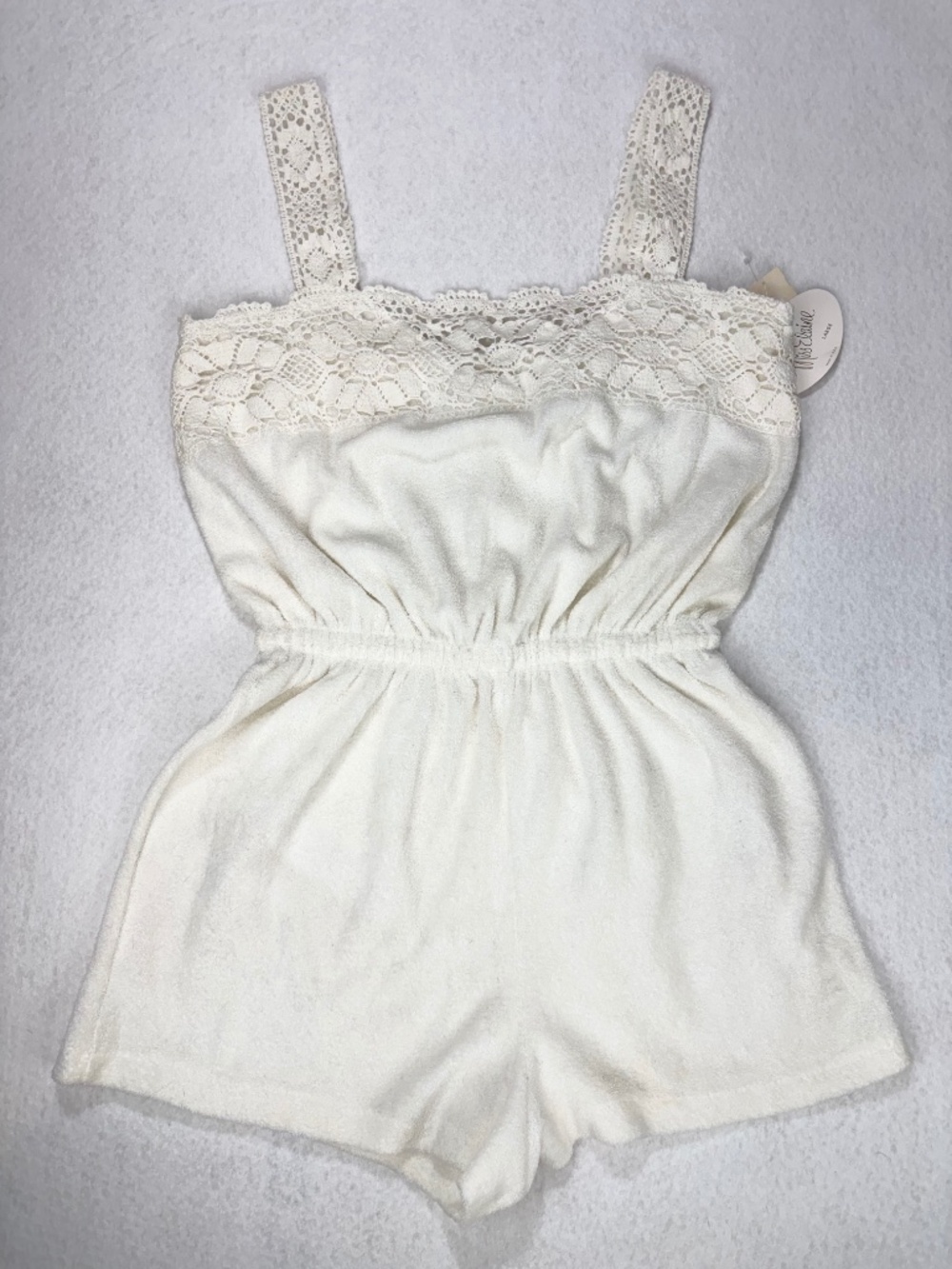 VINTAGE NWT Miss Elaine Gimbel's White Terry Lace-Trim Romper Playsuit Sz L